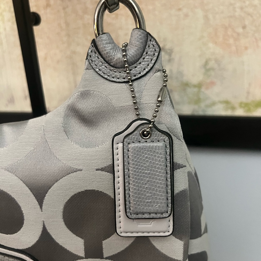 Coach Kristin Op Art Sateen Hippie Bag in Grey and White with Leather Trim - Picture 2 of 9